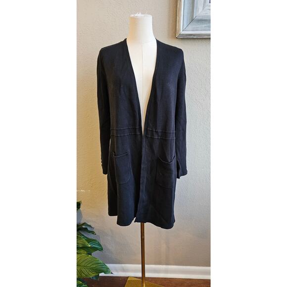 Talbots Long Cotton Modal Open‎ Front Cardigan Sweater Women Size L Petite Black - Picture 1 of 7
